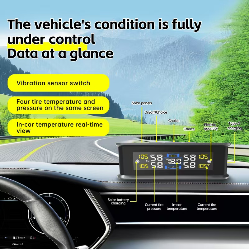 Tire Pressure Monitoring System, TPMS Tire Pressure Monitor System Solar Waterproof TPMS Sensors Set of 4 Wireless LCD Display Tire Pressure Monitor Real-time Detector
