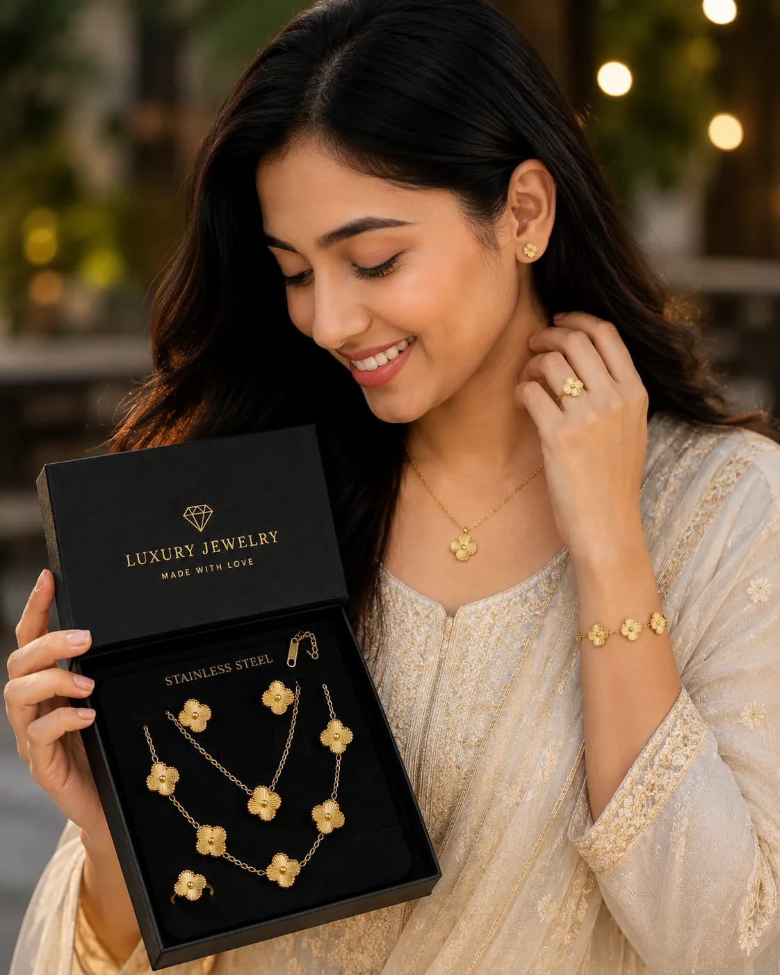Fleur Premium 4-Piece Stainless Steel Jewelry Gift Set with Luxury Gift Box